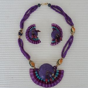 Necklace Clip Earring Set Purple Blue Vintage Beads 22" Chunky Statement 1990s